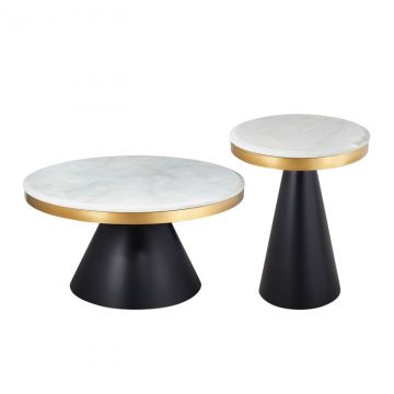 ROVIGO SALONTAFEL SET MAT ZWART-GOUD | Ø80X45 CM MARMER 928